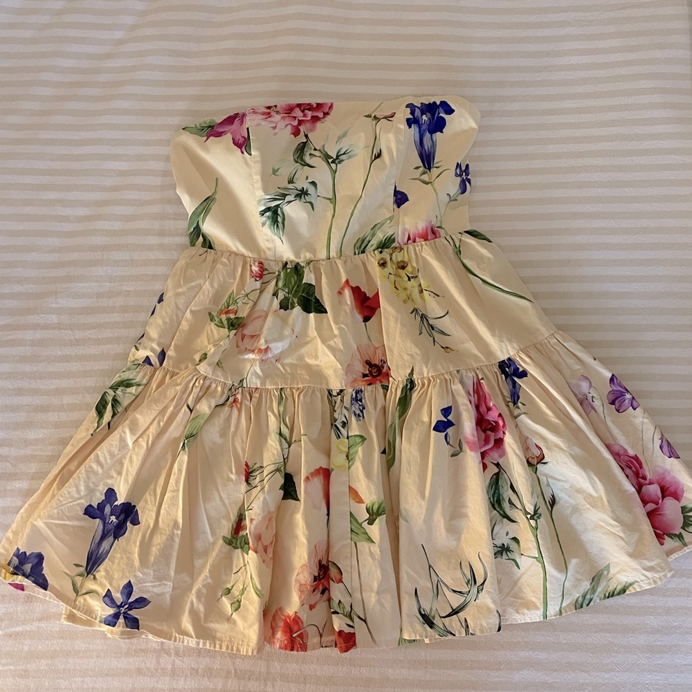 Express Strapless Floral Dress in Cream with Pink, Purple & Green Accents